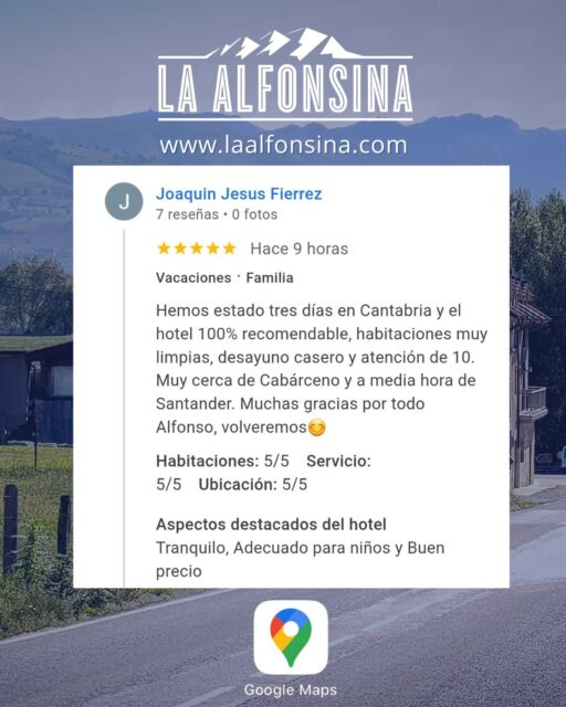 Muchas gracias Joaquín Jesús por elegir La Alfonsina Hotel para descansar en sus vacaciones y por esta maravillosa reseña que nos deja en Maps. Nos alegra saber que su paso por nuestro establecimiento ha sido gratificante. Para nosotros ha sido un placer atenderles y les esperamos pronto. 
.
📞 658 88 45 54 🖥️ laalfonsina.com
#AlfonsinaHotel #HotelesRurales #HotelesConEncanto #CantabriaMasXDescubrir #DondeFonso #SantibañezdeCarriedo #DesayunoPasiego #vallespasiegos #cantabria #cantabriainfinita #spain #inspiration #relax #igtravel #naturaleza_cantabria #nature #travelgram #cabárceno #naturephotography #travelblog #naturaleza #goodlife #landscape #countryside #travel #vacation #estaes_cantabria #hotelconencanto