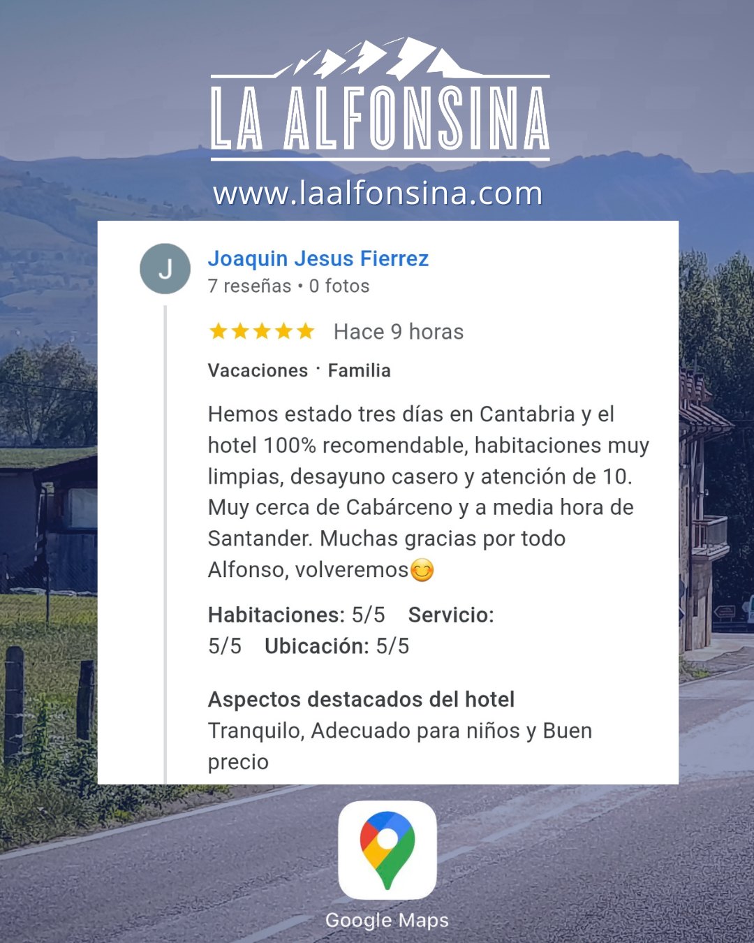 Muchas gracias Joaquín Jesús por elegir La Alfonsina Hotel para descansar en sus vacaciones y por esta maravillosa reseña que nos deja en Maps. Nos alegra saber que su paso por nuestro establecimiento ha sido gratificante. Para nosotros ha sido un placer atenderles y les esperamos pronto. 
.
📞 658 88 45 54 🖥️ laalfonsina.com
#AlfonsinaHotel #HotelesRurales #HotelesConEncanto #CantabriaMasXDescubrir #DondeFonso #SantibañezdeCarriedo #DesayunoPasiego #vallespasiegos #cantabria #cantabriainfinita #spain #inspiration #relax #igtravel #naturaleza_cantabria #nature #travelgram #cabárceno #naturephotography #travelblog #naturaleza #goodlife #landscape #countryside #travel #vacation #estaes_cantabria #hotelconencanto