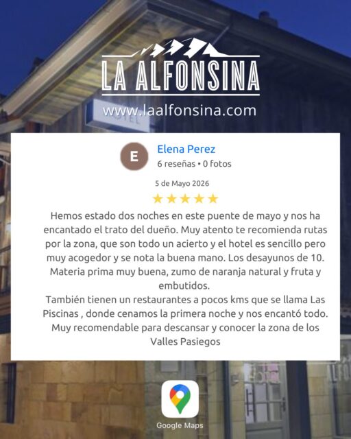 Muchísimas gracias Elena por su reseña, nos hace mucha ilusión leer comentarios así.

Nos alegra de verdad saber que han estado a gusto estos días y que han disfrutado tanto del trato como de las rutas por la zona. Al final, de eso se trata: de que la estancia sea cómoda, cercana y que se lleven un buen recuerdo.
También gracias por mencionar los desayunos y el restaurante Las Piscinas, nos encanta saber que la experiencia fue completa.

Ojalá vuelvan pronto a visitarnos y seguir descubriendo los Valles Pasiegos. Aquí tendrán su casa. 🤩
.
📞 658 88 45 54 🖥️ laalfonsina.com
#AlfonsinaHotel #HotelesRurales #HotelesConEncanto #CantabriaMasXDescubrir #DondeFonso #SantibañezdeCarriedo #DesayunoPasiego #vallespasiegos #cantabria #cantabriainfinita #spain #inspiration #relax #igtravel #naturaleza_cantabria #nature #travelgram #cabárceno #naturephotography #travelblog #naturaleza #goodlife #landscape #countryside #travel #vacation #estaes_cantabria #hotelconencanto