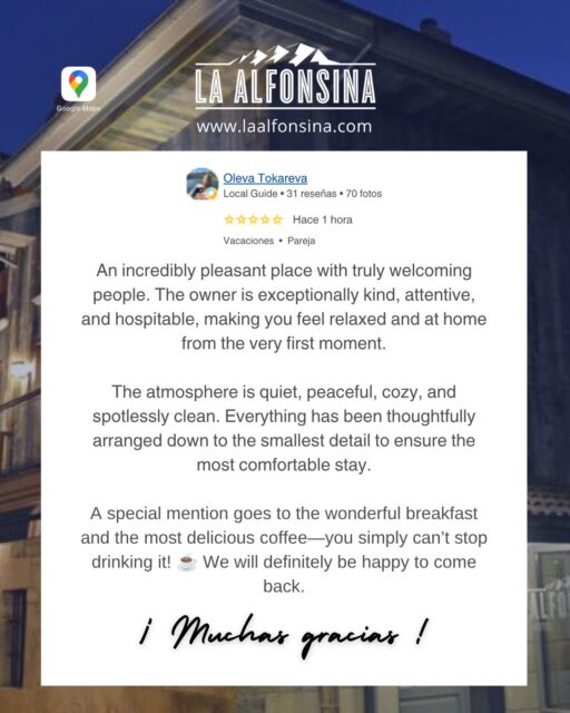 Muchísimas gracias por su fantástica reseña y por elegir el Hotel La Alfonsina para sus vacaciones en familia.

Nos alegra enormemente saber que se sintió bienvenida y como en casa desde el primer momento. Sus amables palabras sobre nuestra hospitalidad, el ambiente tranquilo, la limpieza y el cuidado de cada detalle son una gran recompensa para todo nuestro equipo.

Nos hace especial ilusión que disfrutara de nuestro desayuno y del café, ya que son una parte muy importante de la experiencia que queremos ofrecer a nuestros huéspedes.

Ha sido un placer recibirles y esperamos volver a darles la bienvenida muy pronto. 
.
📞 658 88 45 54 🖥️ laalfonsina.com
#AlfonsinaHotel #HotelesRurales #HotelesConEncanto #CantabriaMasXDescubrir #DondeFonso #SantibañezdeCarriedo #DesayunoPasiego #vallespasiegos #cantabria #cantabriainfinita #spain #inspiration #relax #igtravel