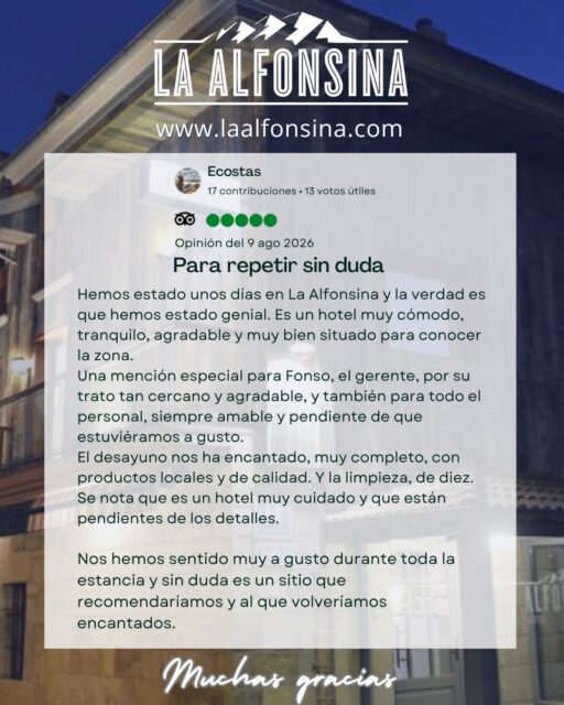 Muchísimas gracias, Ecostas, por compartir una valoración tan detallada y, sobre todo, por sus palabras hacia todo el equipo de Hotel La Alfonsina.

Nos alegra enormemente saber que han disfrutado de una estancia tan agradable y que han encontrado en nuestro hotel ese ambiente tranquilo, cómodo y cuidado que buscamos ofrecer a nuestros huéspedes. Para nosotros es especialmente gratificante que destaquen el trato cercano de Fonso y la atención de todo el personal.

También nos hace mucha ilusión saber que han disfrutado de nuestro desayuno, con especial atención a los productos locales, y que la limpieza y el cuidado de los detalles han estado a la altura de sus expectativas.

Ha sido un placer recibirles y saber que se marchan con ganas de repetir es, sin duda, la mejor recompensa. Estaremos encantados de volver a recibirles en Hotel La Alfonsina. ¡Hasta la próxima! 😊🌿✨
.
📞 658 88 45 54 🖥️ laalfonsina.com
#AlfonsinaHotel #HotelesRurales #HotelesConEncanto #CantabriaMasXDescubrir #DondeFonso #SantibañezdeCarriedo #DesayunoPasiego #vallespasiegos #cantabria