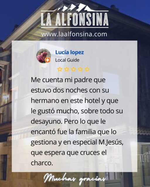 Muchas gracias, Lucía, por compartir la experiencia de su padre con nosotros. Nos alegra saber que disfrutó de su estancia y, especialmente, de nuestro desayuno. ❤️

Y qué alegría saber que el trato de nuestra familia le hizo sentirse tan a gusto, especialmente M. Jesús. ¡Esperamos que vuelva a cruzar el charco y podamos recibirle de nuevo en La Alfonsina! 😊 
.
📞 658 88 45 54 🖥️ laalfonsina.com
#AlfonsinaHotel #HotelesRurales #HotelesConEncanto #CantabriaMasXDescubrir #DondeFonso #SantibañezdeCarriedo #DesayunoPasiego #vallespasiegos #cantabria