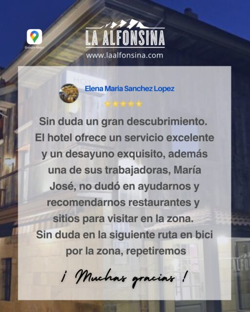 Muchas gracias, Elena María, por compartir su experiencia y por elegir La Alfonsina para esta ruta por los Valles Pasiegos. Nos alegra muchísimo saber que se han llevado tan buen recuerdo.

Y gracias especialmente por sus palabras sobre María José; seguro que le hará mucha ilusión saber que su ayuda contribuyó a disfrutar aún más de la zona. 😊

¡Esperamos volver a recibirles en su próxima ruta en bici! 🚴‍♀️❤️
.
📞 658 88 45 54 🖥️ laalfonsina.com
#AlfonsinaHotel #HotelesRurales #HotelesConEncanto #CantabriaMasXDescubrir #DondeFonso #SantibañezdeCarriedo #DesayunoPasiego #vallespasiegos #cantabria