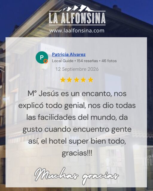 Muchas gracias, Patricia, por su visita y por compartir su experiencia. Nos alegra mucho saber que se han sentido tan a gusto en La Alfonsina. ❤️

Le agradecemos especialmente sus palabras sobre María Jesús; seguro que le harán mucha ilusión.

¡Esperamos volver a recibirles en otra ocasión! 😊
.
📞 658 88 45 54 🖥️ laalfonsina.com
#AlfonsinaHotel #HotelesRurales #HotelesConEncanto #CantabriaMasXDescubrir #DondeFonso #SantibañezdeCarriedo #DesayunoPasiego #vallespasiegos #cantabria