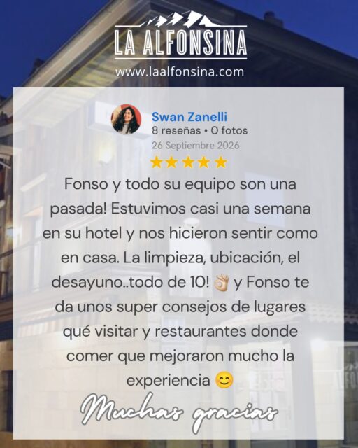 Muchas gracias, Swan, por unas palabras tan bonitas y por el cariño con el que habla de Fonso y de todo el equipo. Nos alegra muchísimo saber que han disfrutado de su estancia y que nuestros consejos ayudaron a descubrir un poquito más de Cantabria. ❤️

Ha sido un placer tenerles con nosotros durante estos días. Esperamos que, cuando vuelvan a Cantabria, La Alfonsina vuelva a ser su casa. 😊
.
📞 658 88 45 54 🖥️ laalfonsina.com
#AlfonsinaHotel #HotelesRurales #HotelesConEncanto #CantabriaMasXDescubrir #DondeFonso #SantibañezdeCarriedo #DesayunoPasiego #vallespasiegos #cantabria