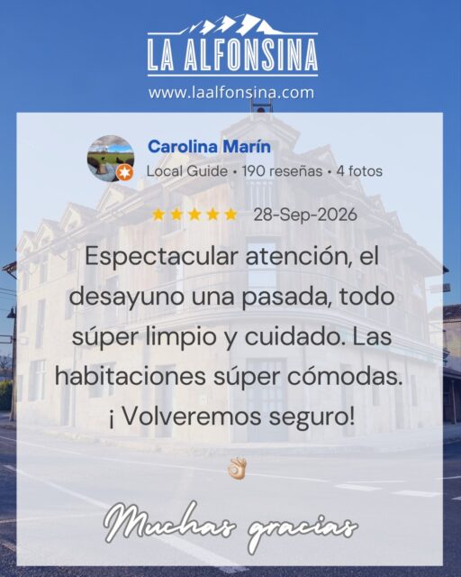 Hay reseñas que nos sacan una sonrisa de principio a fin. ❤️

Muchas gracias, Carolina, por tus palabras y por ese “¡Volveremos seguro!” que nos hace especial ilusión. Nos alegra muchísimo saber que disfrutaste de tu estancia en La Alfonsina.

Gracias por elegirnos y por compartir tu experiencia. Será un placer recibirte de nuevo cuando vuelvas a Cantabria. 😊

📞 658 88 45 54 🖥️ laalfonsina.com #LaAlfonsina #VallesPasiegos #Cantabria #HotelConEncanto #TurismoCantabria #GraciasPorElegirnos